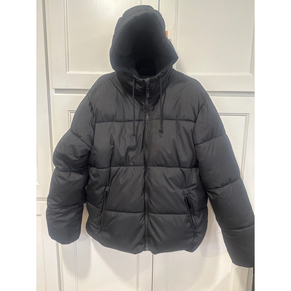 Old Navy Mens Water-Resistant Hooded Puffer Jacket Black Large L Coat winter ski